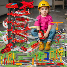 Load image into Gallery viewer, Koolbitz 116 PCs 2-in-1 Parking Garage Toy & Tool Construction Playset for Kids - Multi-Level Red Parking Lot & Pretend Play Tool Kit Helmet Drill Accessories for Toddlers Boys and Girls