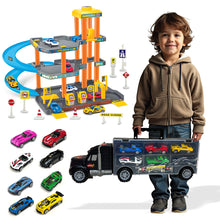 Load image into Gallery viewer, Koolbitz Kids 4-Storey Parking Garage and Truck Carrier Playset, Includes 10 Cars, Lift, Ramps, Service Station, and Storage for Ages 3 and Up