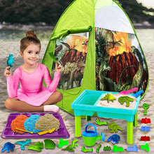 Load image into Gallery viewer, Koolbitz 34 Pcs Dinosaur Beach Tent and Sand Playset with 750g Non-Sticky Sand, Dinosaur and Castle Moulds, Sand Table, and Tray Ð Creative Outdoor and Indoor Fun for Kids Aged 3+ Safe Sand Kit Play