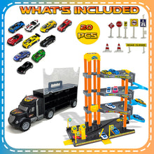 Load image into Gallery viewer, Koolbitz 4-Storey Parking Garage Playset with Truck Carrier, Includes 10 Cars, Spiral Ramps, Lift, Service Station for Kids Ages 3 and Up