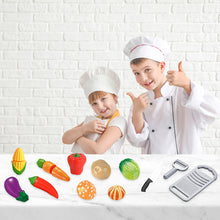 Load image into Gallery viewer, Koolbitz Pretend Play Food Set Fruit and Vegetable Cutting Toys Play Set for Kids with Vegetable Tray, Carrot, Corn, Pepper, Lettuce, Potato, Mushroom, knife & Grater Kids Kitchen Role Play Playset