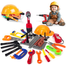 Load image into Gallery viewer, Koolbitz Kids Children Pretend Play Tools Construction Toy Set Pretend Role Play Tool Toys with Helmet Drill Chainsaw Hamer and More Kids Tool Set