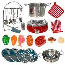Load image into Gallery viewer, Koolbitz Kids 25PCs Complete Kitchen Playset Tea Pots & Pans Toys with Cutting Play Food Cookware Stainless Steel Utensils Gift for Toddlers Ages 3 Years+ Above