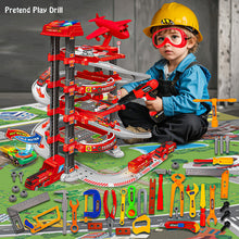 Load image into Gallery viewer, Koolbitz 116 PCs 2-in-1 Parking Garage Toy & Tool Construction Playset for Kids - Multi-Level Red Parking Lot & Pretend Play Tool Kit Helmet Drill Accessories for Toddlers Boys and Girls