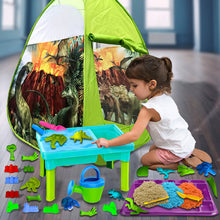 Load image into Gallery viewer, Koolbitz 34 Pcs Dinosaur Beach Tent and Sand Playset with 750g Non-Sticky Sand, Dinosaur and Castle Moulds, Sand Table, and Tray Ð Creative Outdoor and Indoor Fun for Kids Aged 3+ Safe Sand Kit Play