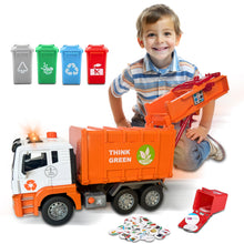 Load image into Gallery viewer, Koolbitz Garbage Truck Toy Bin Lorry with Sound Light, Educational Waste Management Playset with Sorting Bins, Sticker Sets Friction Powered Toy Vehicle for Kids 3+