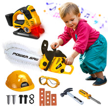 Load image into Gallery viewer, Koolbitz 15PCS Kids Electric Workshop Tools Toy Educational Playset - Includes Yellow Chainsaw Toy, Jigsaw Toy, Helmet, and Accessories Game- Learning Construction Roleplay Tool Kit Toy Game for Ages 3+