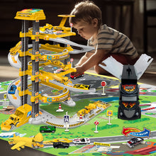 Load image into Gallery viewer, Koolbitz Kids Spiral Parking Garage Playset, 4-Storey Parking Lot with Electric Lift, Carrier Plane, Sound, Light, Ramps, Traffic Signs, Storage Truck, 10 Cars, for Age 3 and Up