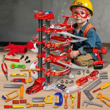 Load image into Gallery viewer, Koolbitz 116 PCs 2-in-1 Parking Garage Toy & Tool Construction Playset for Kids - Multi-Level Red Parking Lot & Pretend Play Tool Kit Helmet Drill Accessories for Toddlers Boys and Girls