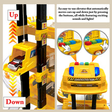 Load image into Gallery viewer, Kids 4 Storey Large Car Parking Lot Garage Play Set with Electric Elevator Ramps Alloy Car Helicopter Race Car Track, Parking Garage Pretend Play Toy for Kids Yellow
