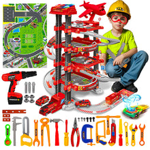 Load image into Gallery viewer, Koolbitz 116 PCs 2-in-1 Parking Garage Toy & Tool Construction Playset for Kids - Multi-Level Red Parking Lot & Pretend Play Tool Kit Helmet Drill Accessories for Toddlers Boys and Girls