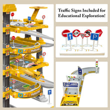Load image into Gallery viewer, Kids 4 Storey Large Car Parking Lot Garage Play Set with Electric Elevator Ramps Alloy Car Helicopter Race Car Track, Parking Garage Pretend Play Toy for Kids Yellow
