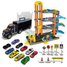 Load image into Gallery viewer, Koolbitz 4-Storey Parking Garage Playset with Truck Carrier, Includes 10 Cars, Spiral Ramps, Lift, Service Station for Kids Ages 3 and Up