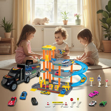 Load image into Gallery viewer, Koolbitz Kids 4-Storey Parking Garage and Truck Carrier Playset, Includes 10 Cars, Lift, Ramps, Service Station, and Storage for Ages 3 and Up