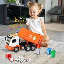 Load image into Gallery viewer, Koolbitz Garbage Truck Toy Bin Lorry with Sound Light, Educational Waste Management Playset with Sorting Bins, Sticker Sets Friction Powered Toy Vehicle for Kids 3+