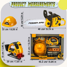 Load image into Gallery viewer, Koolbitz 15PCS Kids Electric Workshop Tools Toy Educational Playset - Includes Yellow Chainsaw Toy, Jigsaw Toy, Helmet, and Accessories Game- Learning Construction Roleplay Tool Kit Toy Game for Ages 3+