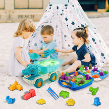 Load image into Gallery viewer, Koolbitz 18 Pcs Kids Dinosaur Theme Magic Beach Sand Play Set Dump Truck, 8 Moulds, 5 Tools, 1kg Sand, and Tray for Indoor Outdoor Play for Kids Ages 3