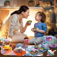 Load image into Gallery viewer, Koolbitz Kids Pretend Play Mermaid Themed Tea Set & Tower Cake Cute 3 Tier Party Cupcake Kids Birthday Party Decorations Supplies & Carrying Case Cake Stand Cupcake Holder Dessert Tower Rounding Serving