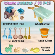 Load image into Gallery viewer, Koolbitz 15 Pcs Kids Beach Toy Set Outdoor Summer Activity Sand Play Set with Wheelbarrow, Animal Molds, Shovels & Train for Boys & Girls Ages 3 for Birthday Occassion