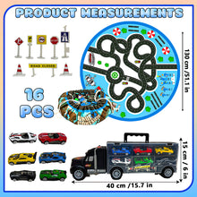 Load image into Gallery viewer, Koolbitz 16 Pcs Transporter Truck Set, Includes Diecast Multicolour Cars, Play Mat, Road Signs, Black Vehicle Storage Container for Kids Ages 3 and Up Birthday Christmas Newyear