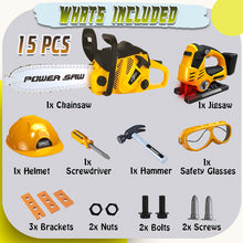 Load image into Gallery viewer, Koolbitz 15PCS Kids Electric Workshop Tools Toy Educational Playset - Includes Yellow Chainsaw Toy, Jigsaw Toy, Helmet, and Accessories Game- Learning Construction Roleplay Tool Kit Toy Game for Ages 3+