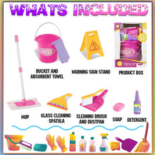 Load image into Gallery viewer, Koolbitz Interactive Kids Cleaning Set – Cleaning Kit with Broom, Mop, Brush, Dustpan, Duster, Sponge, Spray Bottle, Bucket & Caution Sign – Pretend Play Housekeeping Set for Toddlers & Preschoolers