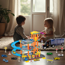 Load image into Gallery viewer, Koolbitz Kids 4-Storey Parking Garage and Truck Carrier Playset, Includes 10 Cars, Lift, Ramps, Service Station, and Storage for Ages 3 and Up
