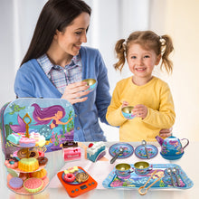 Load image into Gallery viewer, Koolbitz Kids Pretend Play Mermaid Themed Tea Set & Tower Cake Cute 3 Tier Party Cupcake Kids Birthday Party Decorations Supplies & Carrying Case Cake Stand Cupcake Holder Dessert Tower Rounding Serving