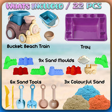 Load image into Gallery viewer, Koolbitz Kids Beach Play Sand Toy 22 Pcs Playset with 750g Magic Sand & Beach Train Bucket, Sand Pit Building Tools Model Educational Molds-Creative Sandcastle Toy Carry Bag Gift for Kids Boy Girl