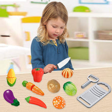 Load image into Gallery viewer, Koolbitz Pretend Play Food Set Fruit and Vegetable Cutting Toys Play Set for Kids with Vegetable Tray, Carrot, Corn, Pepper, Lettuce, Potato, Mushroom, knife & Grater Kids Kitchen Role Play Playset