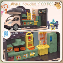 Load image into Gallery viewer, Koolbitz 60Pcs Kids Pretend Play 2 in 1 Bus with Kitchen Miniature Tools & Furniture Accessories, Music & Lights, Fun Playset for Toddlers & Ages 3 and Up