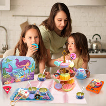 Load image into Gallery viewer, Koolbitz Kids Pretend Play Mermaid Themed Tea Set & Tower Cake Cute 3 Tier Party Cupcake Kids Birthday Party Decorations Supplies & Carrying Case Cake Stand Cupcake Holder Dessert Tower Rounding Serving