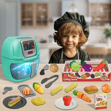 Load image into Gallery viewer, Koolbitz Kids Children Pretend Play Battery Operated Toy Set Air Fryer Toy working with sound Light Kitchen Pretend Play Toy Set with Play Food Fruits Vegetables Kitchen Accessories