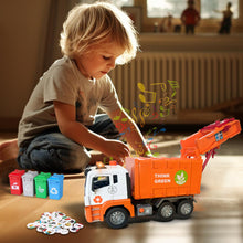 Load image into Gallery viewer, Koolbitz Garbage Truck Toy Bin Lorry with Sound Light, Educational Waste Management Playset with Sorting Bins, Sticker Sets Friction Powered Toy Vehicle for Kids 3+