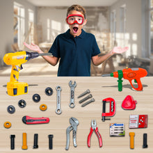 Load image into Gallery viewer, Koolbitz 27PCS Toy DIY Tool Box With Helmet Drill Hammer Wrench Pliers Mask Saw Screwdriver Tape Measure Screws & More Accessories - Children's Tools Playset Toys