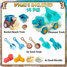 Load image into Gallery viewer, Koolbitz 14PCs Beach Sand Toys Kit for Kids Dinosaur Truck & Train Magic Motion Sand Playset with Shovels, Sand Molds and Tools Perfect for Beach and Indoor Play Creative Summer Activity for Toddler