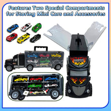 Load image into Gallery viewer, Koolbitz 16 Pcs Transporter Truck Set, Includes Diecast Multicolour Cars, Play Mat, Road Signs, Black Vehicle Storage Container for Kids Ages 3 and Up Birthday Christmas Newyear