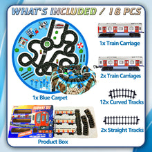 Load image into Gallery viewer, Koolbitz 18 Pcs Electric Metro Train Set with Blue Carpet Track, LED Lights & Realistic Train Sounds – Educational STEM Toy for Kids – Includes Storage Mat and Interactive Play Features
