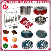 Load image into Gallery viewer, Koolbitz Kids 25PCs Complete Kitchen Playset Tea Pots & Pans Toys with Cutting Play Food Cookware Stainless Steel Utensils Gift for Toddlers Ages 3 Years+ Above