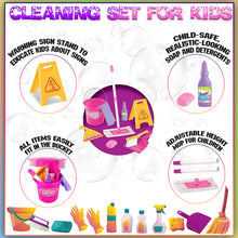 Load image into Gallery viewer, Koolbitz Interactive Kids Cleaning Set – Cleaning Kit with Broom, Mop, Brush, Dustpan, Duster, Sponge, Spray Bottle, Bucket & Caution Sign – Pretend Play Housekeeping Set for Toddlers & Preschoolers