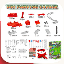 Load image into Gallery viewer, Koolbitz 116 PCs 2-in-1 Parking Garage Toy & Tool Construction Playset for Kids - Multi-Level Red Parking Lot & Pretend Play Tool Kit Helmet Drill Accessories for Toddlers Boys and Girls
