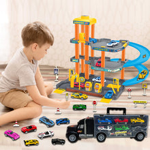 Load image into Gallery viewer, Koolbitz Kids 4-Storey Parking Garage and Truck Carrier Playset, Includes 10 Cars, Lift, Ramps, Service Station, and Storage for Ages 3 and Up
