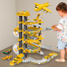 Load image into Gallery viewer, Kids 4 Storey Large Car Parking Lot Garage Play Set with Electric Elevator Ramps Alloy Car Helicopter Race Car Track, Parking Garage Pretend Play Toy for Kids Yellow