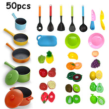Load image into Gallery viewer, Koolbitz 50 Pcs Kids Kitchen Pretend Play Set, Kitchen Utensils & Food Set, Cutting Play Food Toy for Kids Kitchen Kids Kitchen Accessories for Toddlers 3 4 5 6 Years
