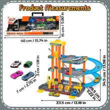 Load image into Gallery viewer, Koolbitz Kids 4-Storey Parking Garage and Truck Carrier Playset, Includes 10 Cars, Lift, Ramps, Service Station, and Storage for Ages 3 and Up