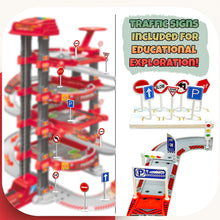 Load image into Gallery viewer, Koolbitz 116 PCs 2-in-1 Parking Garage Toy & Tool Construction Playset for Kids - Multi-Level Red Parking Lot & Pretend Play Tool Kit Helmet Drill Accessories for Toddlers Boys and Girls