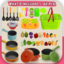 Load image into Gallery viewer, Koolbitz Kids Kitchen & Grocery Playset Cooking Utensils, Cutting Toys, Pots, Pans, Stovetop and Grocery Basket for Toddlers Age 3 for Birthday