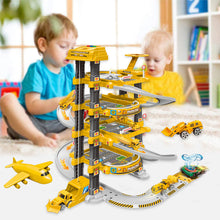Load image into Gallery viewer, Kids 4 Storey Large Car Parking Lot Garage Play Set with Electric Elevator Ramps Alloy Car Helicopter Race Car Track, Parking Garage Pretend Play Toy for Kids Yellow