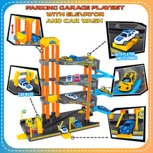 Load image into Gallery viewer, Koolbitz 4-Storey Parking Garage Playset with Truck Carrier, Includes 10 Cars, Spiral Ramps, Lift, Service Station for Kids Ages 3 and Up
