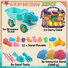 Load image into Gallery viewer, Koolbitz 22 Pcs Kids Beach Sand Play Set with Dinosaur Truck, 12 Animal Moulds, 1000g Sand, Shovels & Tools in Portable Carry Case for Indoor & Outdoor Playset for Kids Age 3+ Above